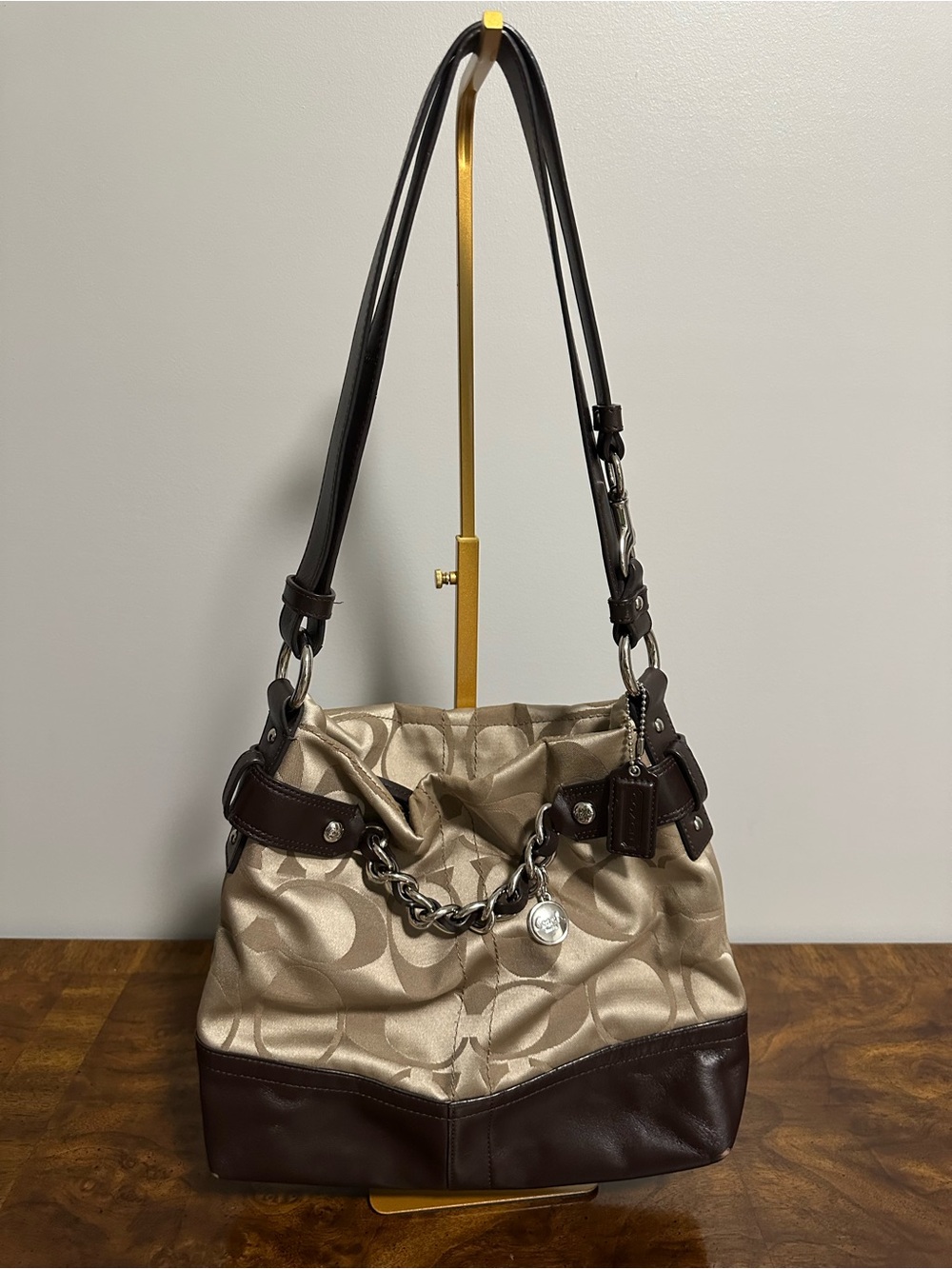 Coach Khaki and Chocolate Brown Signature Hobo Bag